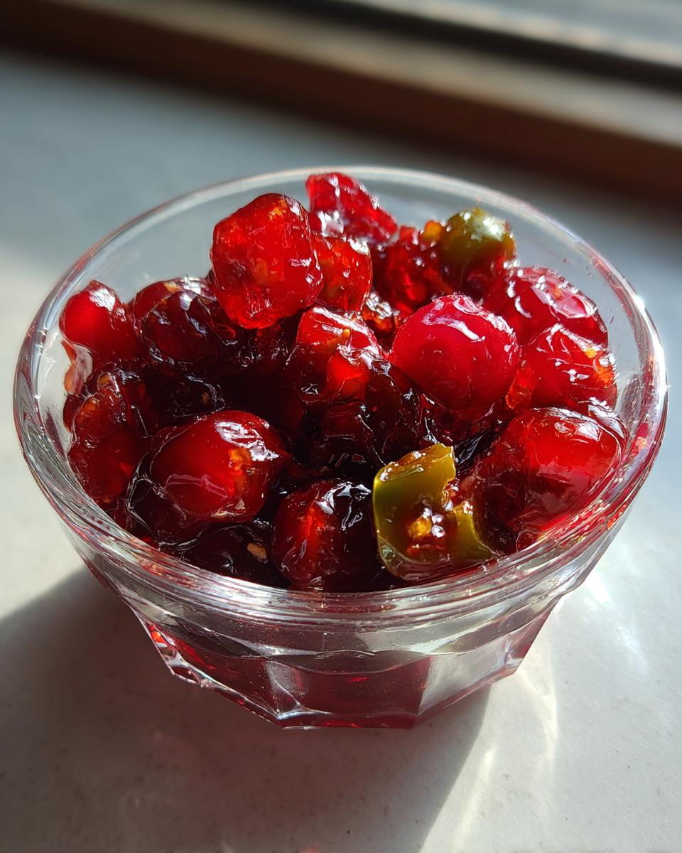 Close-up of glistening cranberry jalapeño cowboy candy pieces in a small glass bowl, showing deep red color and a slice of green jalapeño.