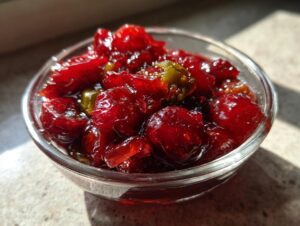 Close-up of glistening, jewel-toned cranberry jalapeño cowboy candy served in a small clear glass bowl.