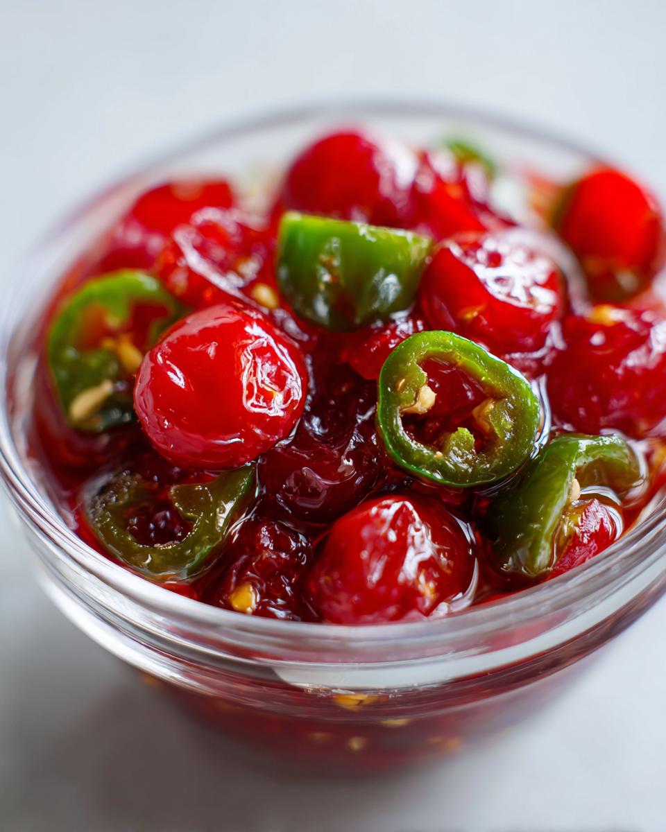 Close-up of bright red, glossy cranberries mixed with sliced green jalapeños in a sweet syrup, representing cranberry jalapeño cowboy candy.
