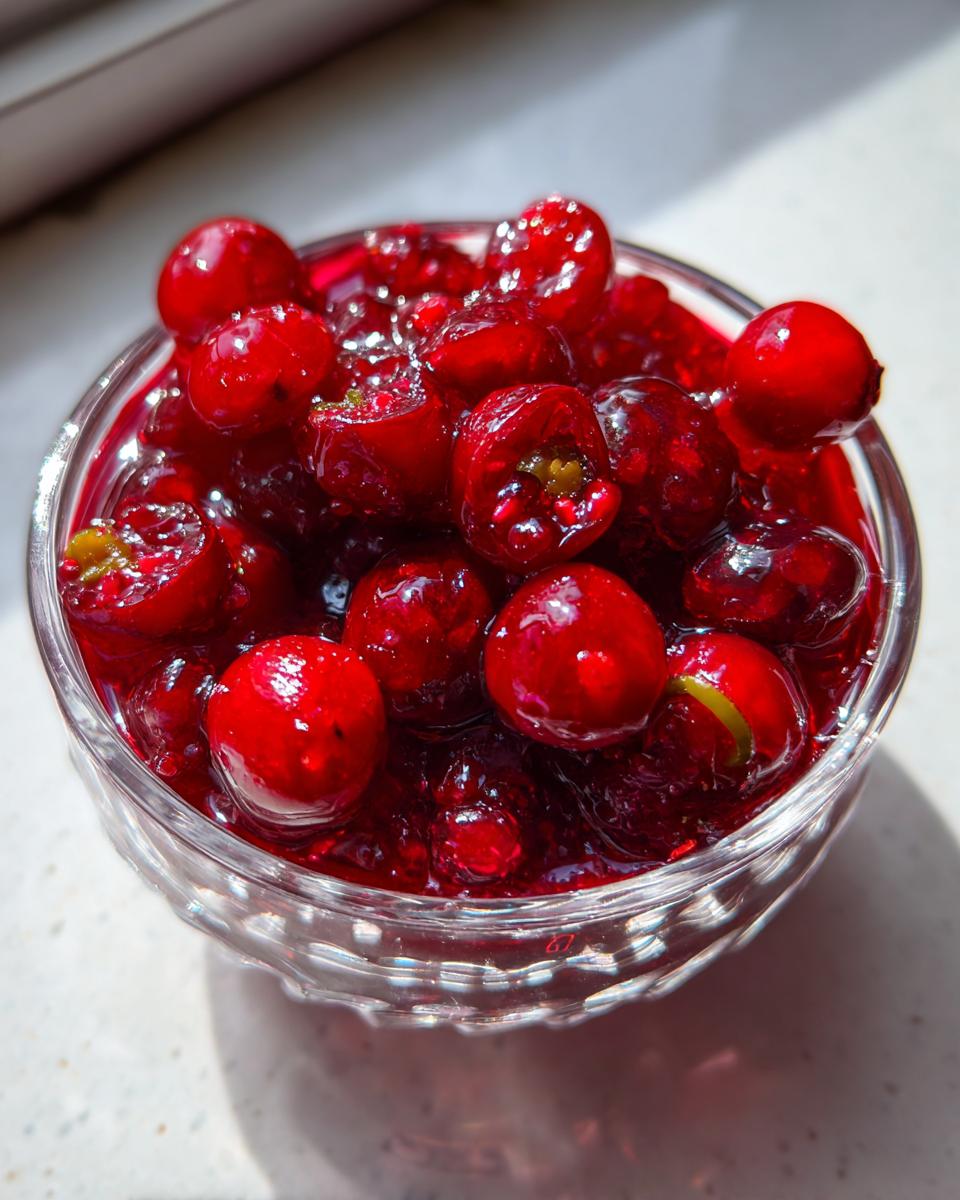 Close-up of bright red cranberries soaking in syrup, an ingredient for cranberry jalapeño cowboy candy.