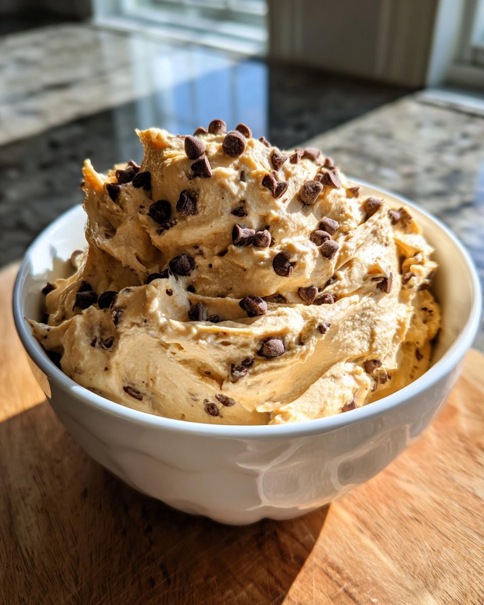 A white bowl filled with creamy, peanut butter-colored buckeye dip topped generously with mini chocolate chips.