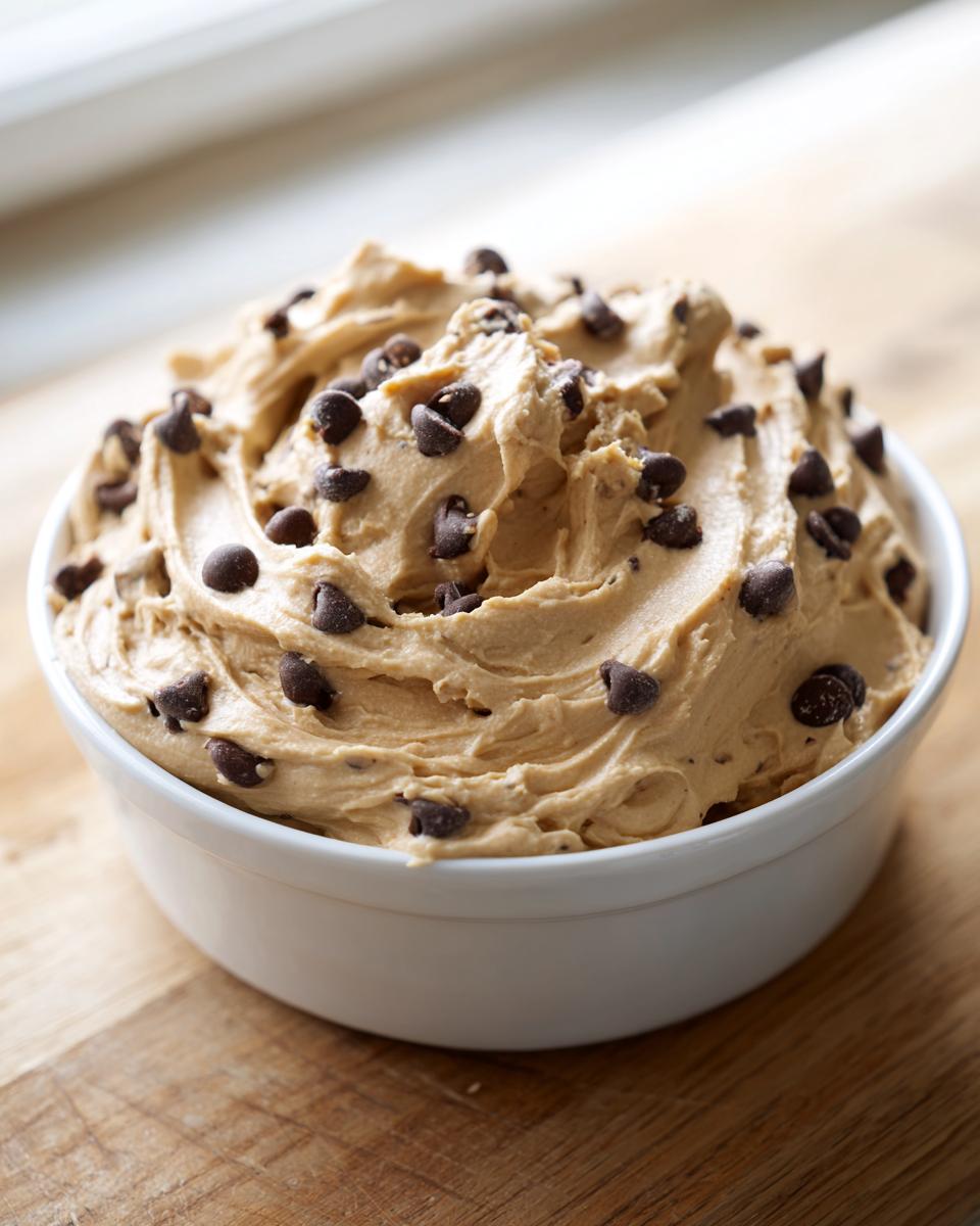 A white bowl filled with creamy, peanut butter-colored buckeye dip, generously topped with mini chocolate chips.