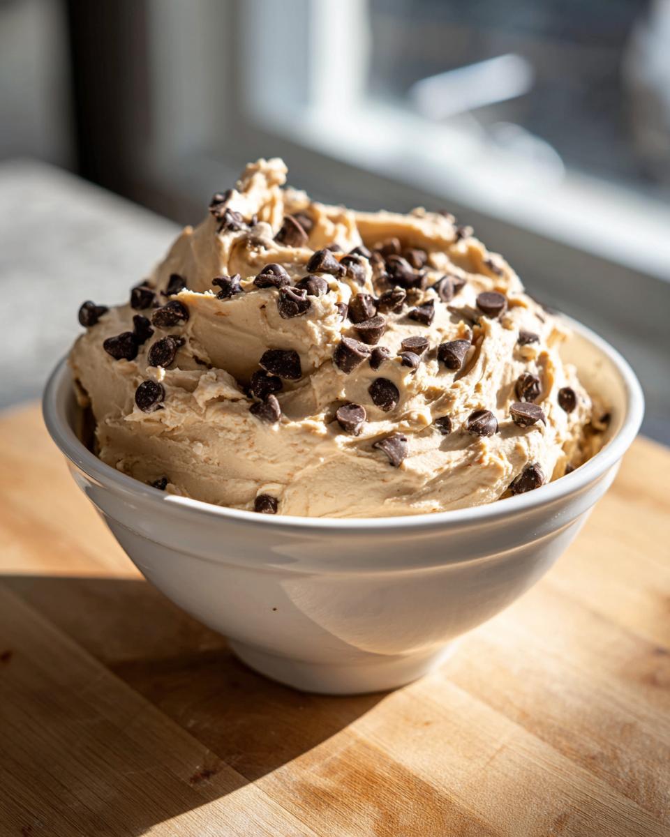 A white bowl filled with creamy buckeye dip generously topped with mini chocolate chips.