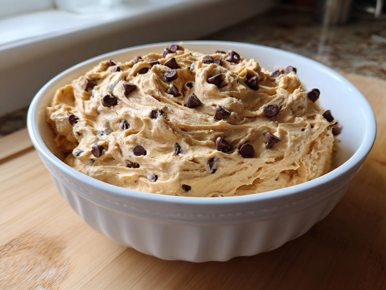 A white bowl filled with creamy, peanut butter-colored buckeye dip, topped generously with mini chocolate chips.