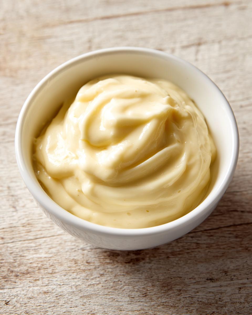 Close-up of thick, creamy homemade mayonnaise recipe eggless in a small white bowl on a wooden surface.