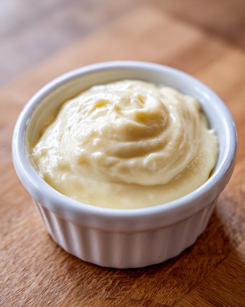 Close-up of thick, creamy homemade mayonnaise recipe eggless served in a small white fluted ramekin on wood.