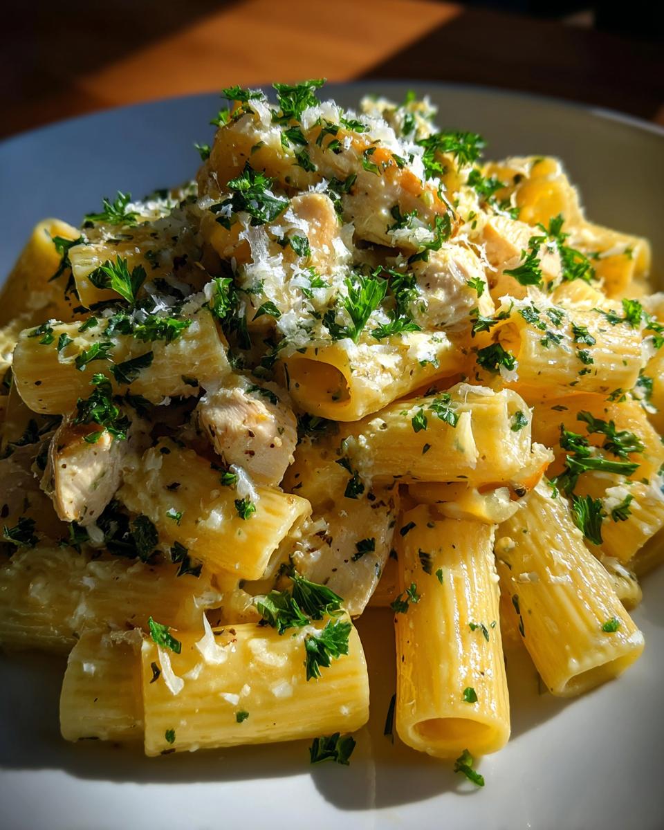 A close-up of creamy garlic butter chicken rigatoni pasta topped with grated cheese and fresh parsley.