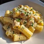 A close-up, appetizing shot of creamy garlic butter chicken rigatoni pasta topped with grated Parmesan and fresh parsley.