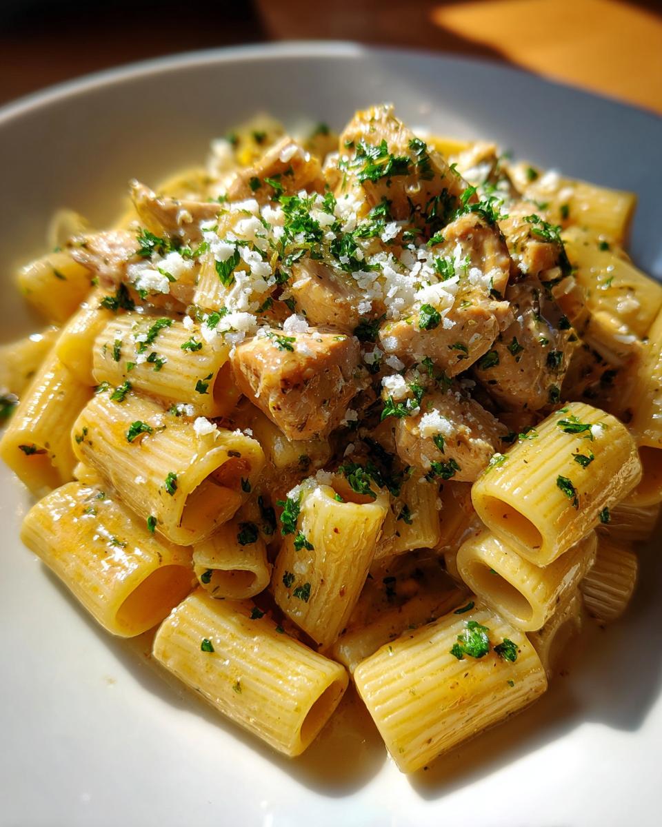 Close-up of creamy garlic butter chicken rigatoni topped with grated cheese and fresh parsley.