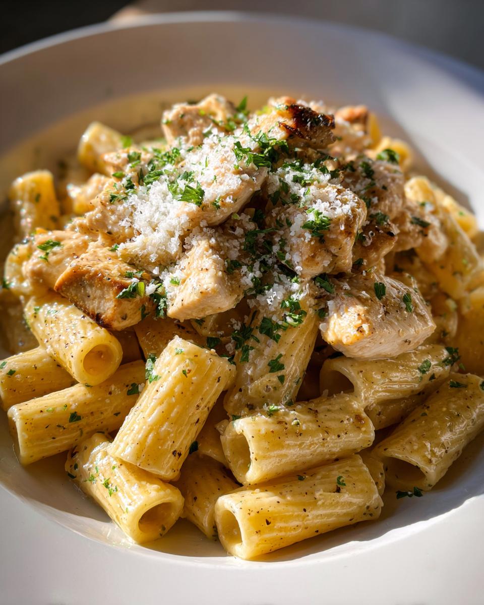 A close-up of creamy garlic butter chicken rigatoni topped with grated Parmesan cheese and fresh parsley.