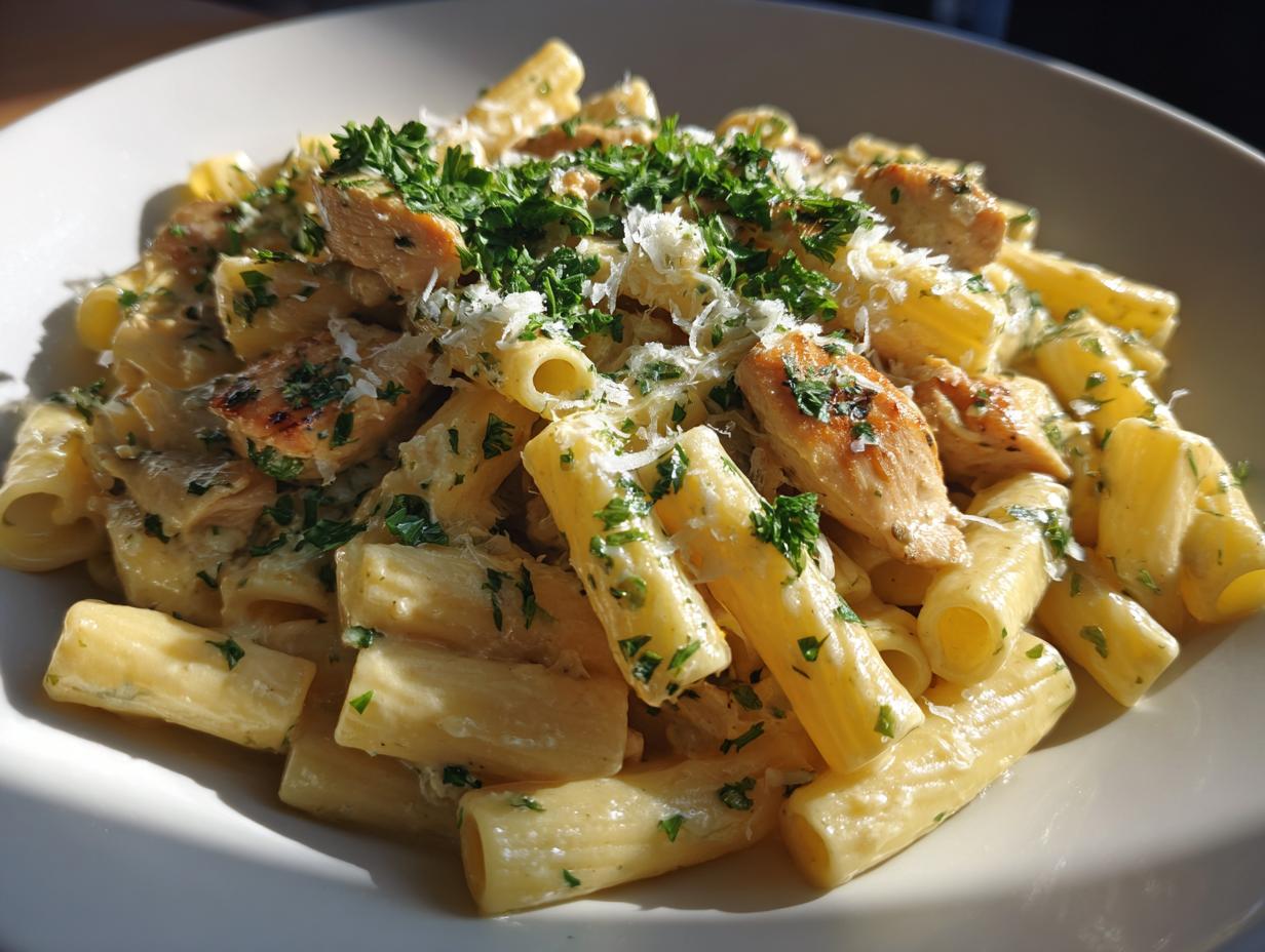 A close-up of creamy garlic butter chicken rigatoni pasta topped with fresh parsley and grated Parmesan cheese.