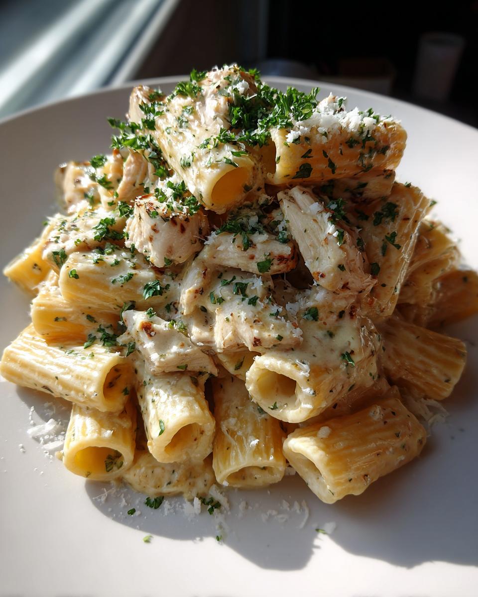 A close-up of creamy garlic butter chicken rigatoni piled high on a white plate, topped with parsley and Parmesan.