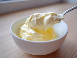 A spoonful of thick, creamy homemade mayonnaise recipe avocado oil being lifted from a white bowl.