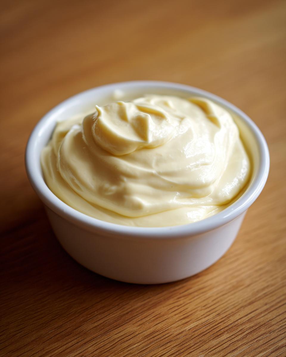 A close-up of thick, creamy homemade mayonnaise recipe eggless served in a small white bowl on a wooden surface.