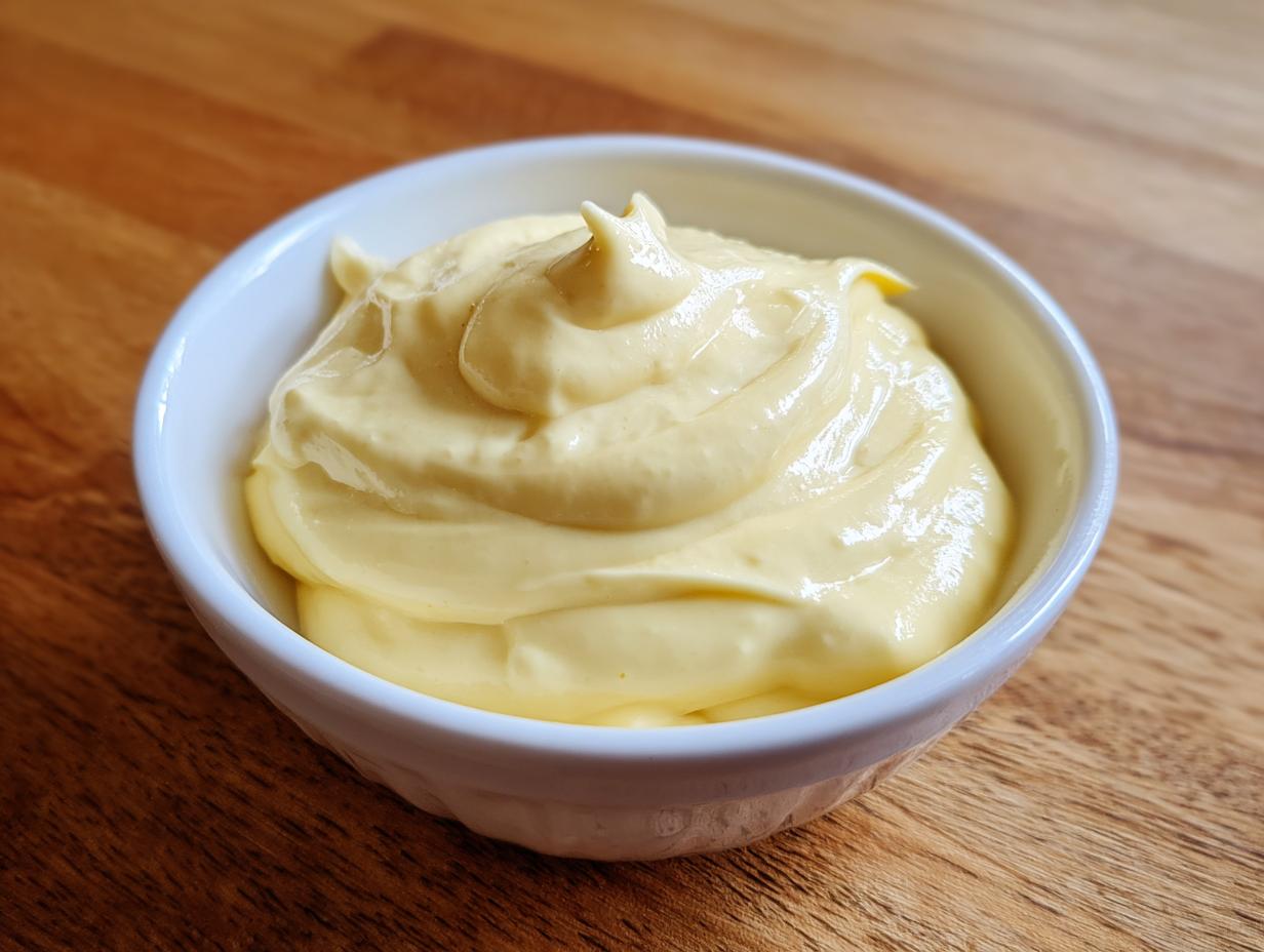 A close-up of thick, creamy homemade mayonnaise recipe eggless, swirled in a small white bowl on a wooden surface.