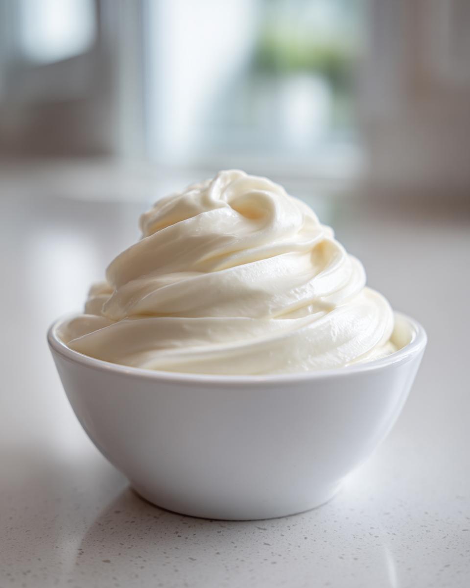 A small white bowl filled with perfectly piped, creamy homemade mayonnaise, showing soft swirls.