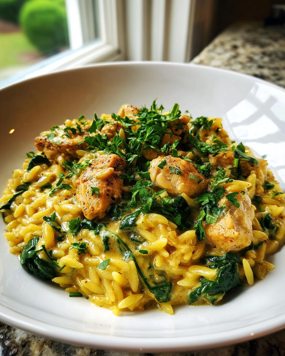 Close-up of a white bowl filled with creamy lemon chicken orzo pasta mixed with spinach and topped with fresh parsley.