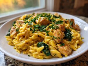 A close-up of a white bowl filled with creamy lemon chicken orzo pasta, featuring chunks of chicken and spinach, topped with fresh parsley.