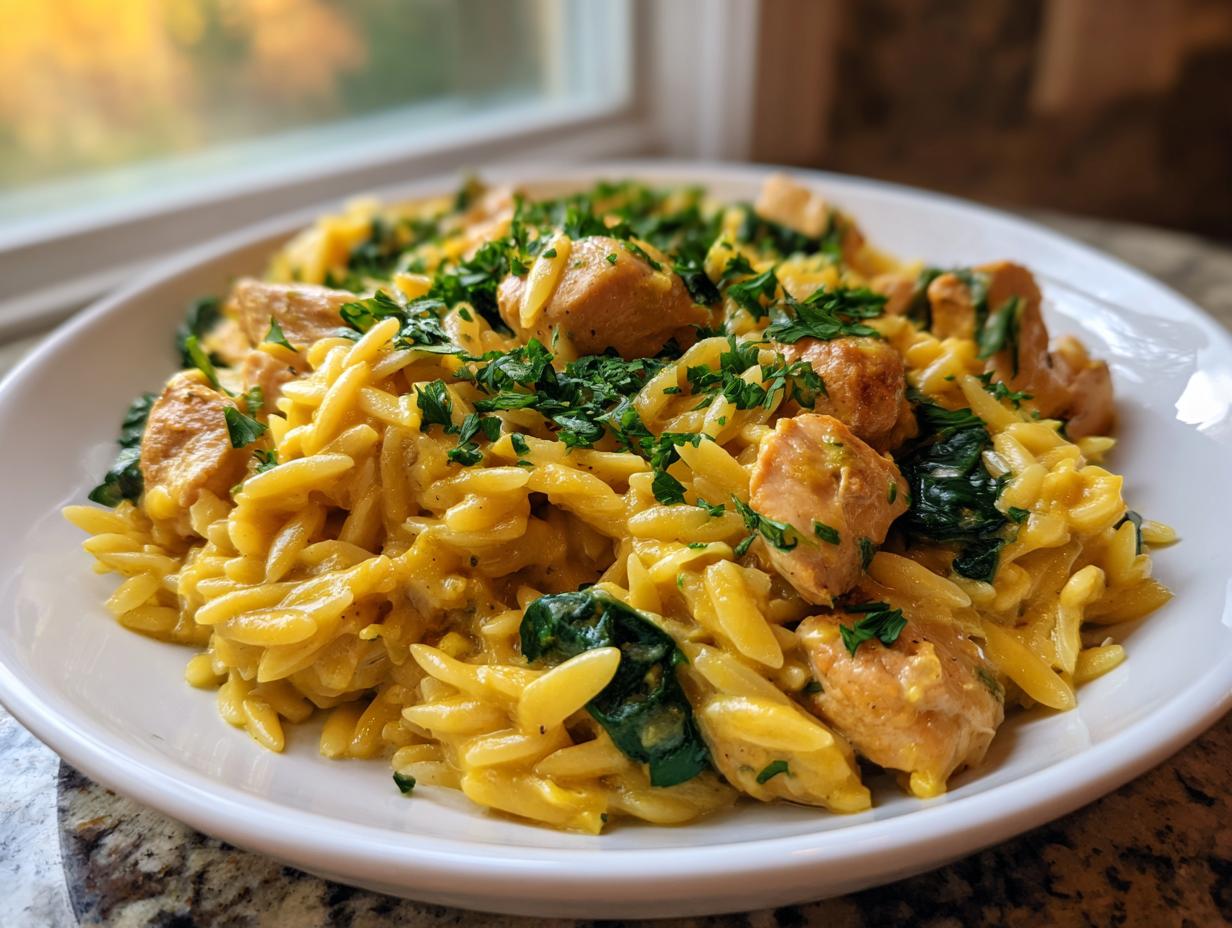 A close-up of a white bowl filled with creamy lemon chicken orzo pasta, featuring chunks of chicken and spinach, topped with fresh parsley.