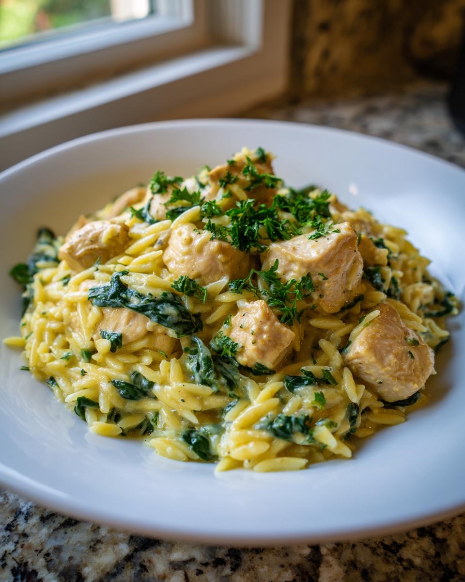 A close-up of a white bowl filled with creamy lemon chicken orzo pasta mixed with wilted spinach and topped with fresh parsley.