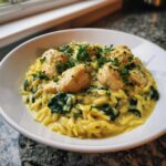 A white bowl filled with creamy lemon chicken orzo pasta mixed with spinach and topped with fresh parsley.
