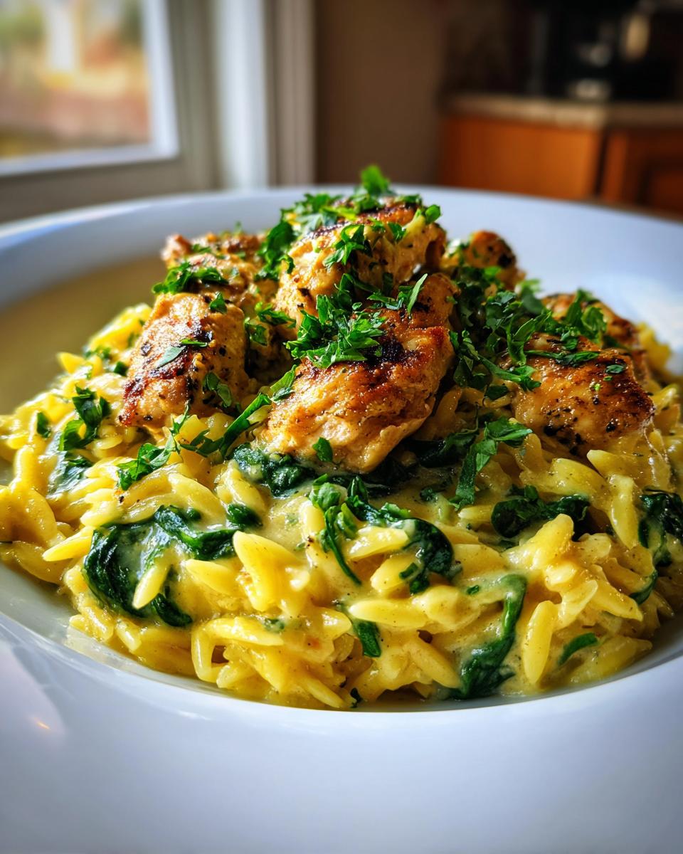 A close-up of creamy lemon chicken orzo mixed with spinach, topped with seared chicken pieces and fresh parsley.