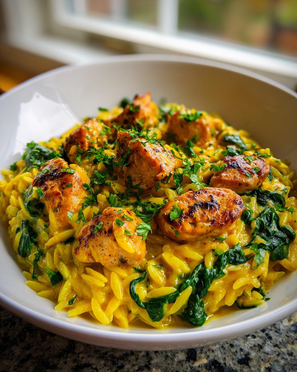 Close-up of a white bowl filled with creamy lemon chicken orzo, topped with seared chicken pieces and fresh parsley.