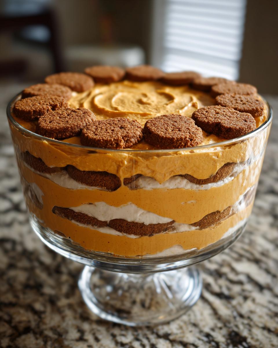 A beautiful, layered creamy pumpkin trifle dessert in a large glass pedestal bowl, topped with cookies.