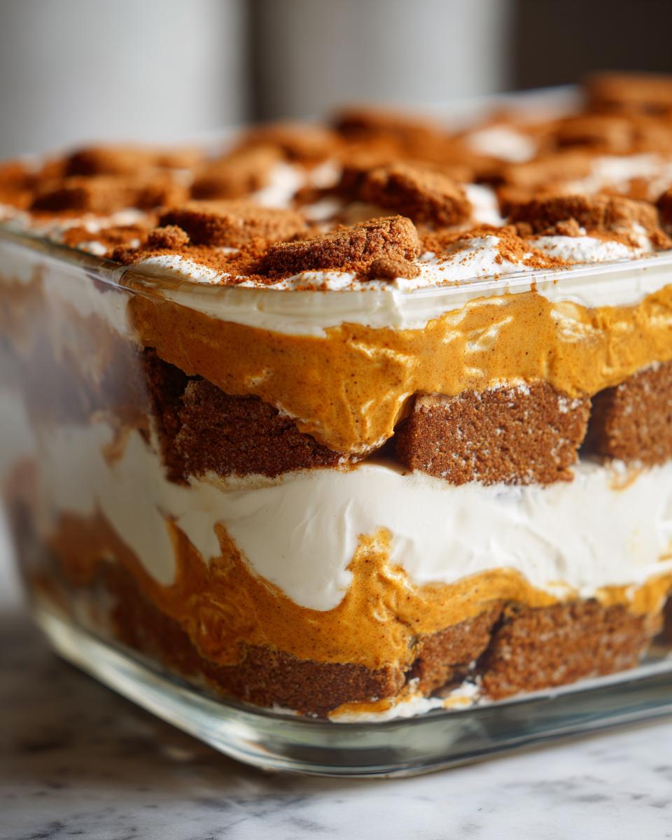 Close-up of a layered creamy pumpkin trifle dessert showing cake, white cream, and orange pumpkin filling in a glass dish.