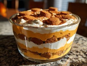 Close-up of a creamy pumpkin trifle dessert showing four distinct layers of orange pumpkin filling, white cream, and brown cake/cookie pieces, topped with whipped cream.