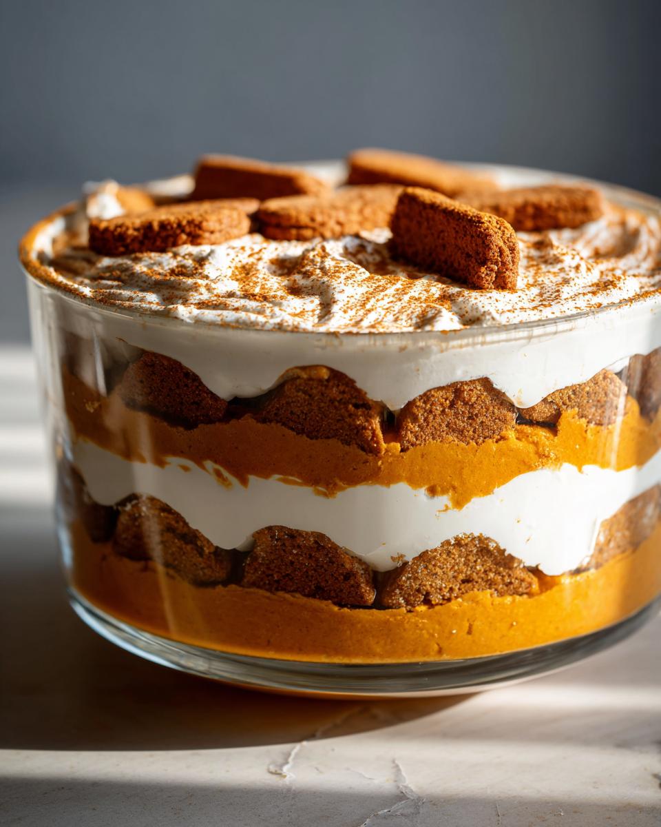 Close-up of a creamy pumpkin trifle dessert showing layers of orange pumpkin filling, white cream, and spiced cookies, topped with cinnamon.
