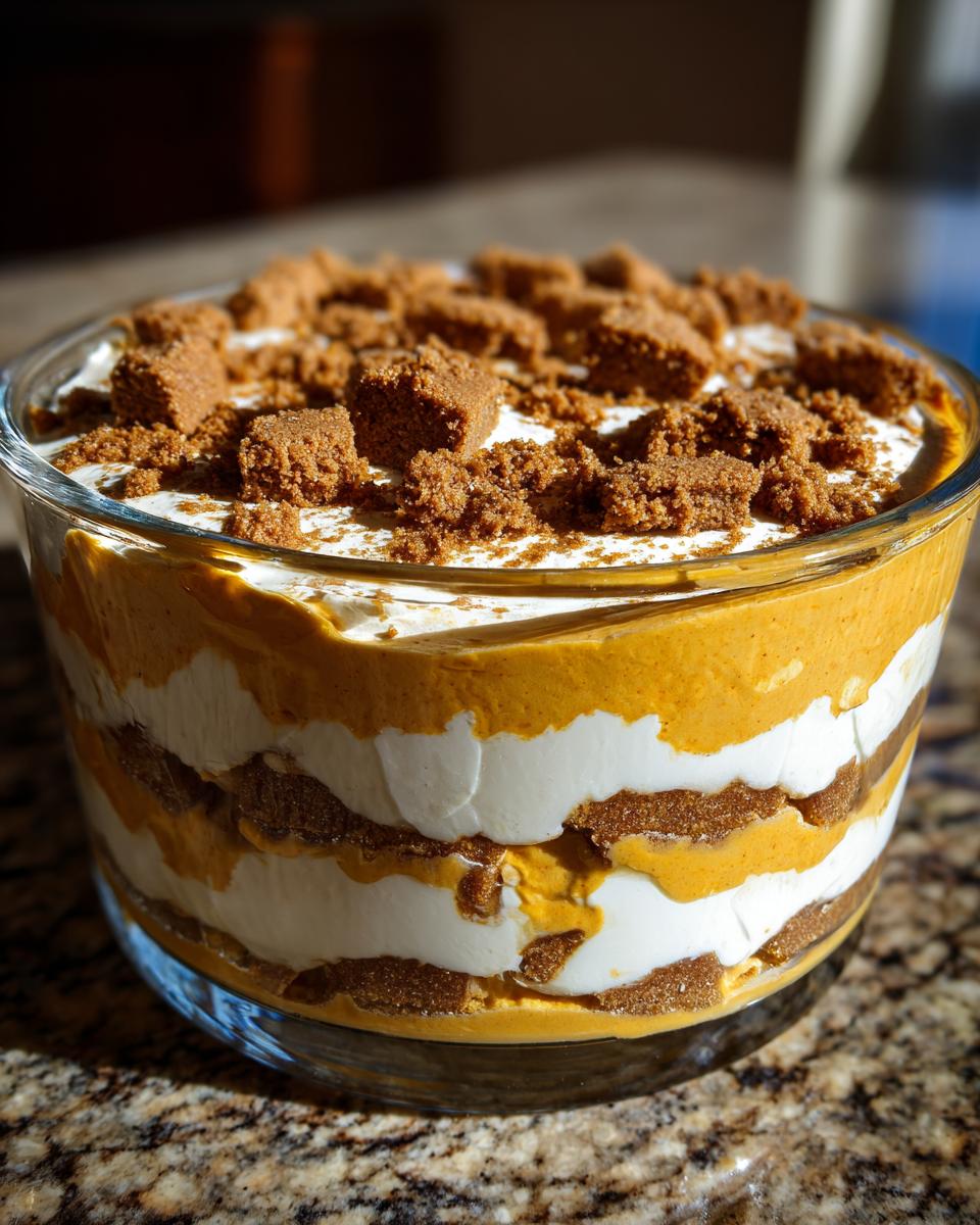 Close-up of a creamy pumpkin trifle dessert showing four distinct layers of orange pumpkin filling, white cream, and brown cake/crumbles, topped with crumbs.