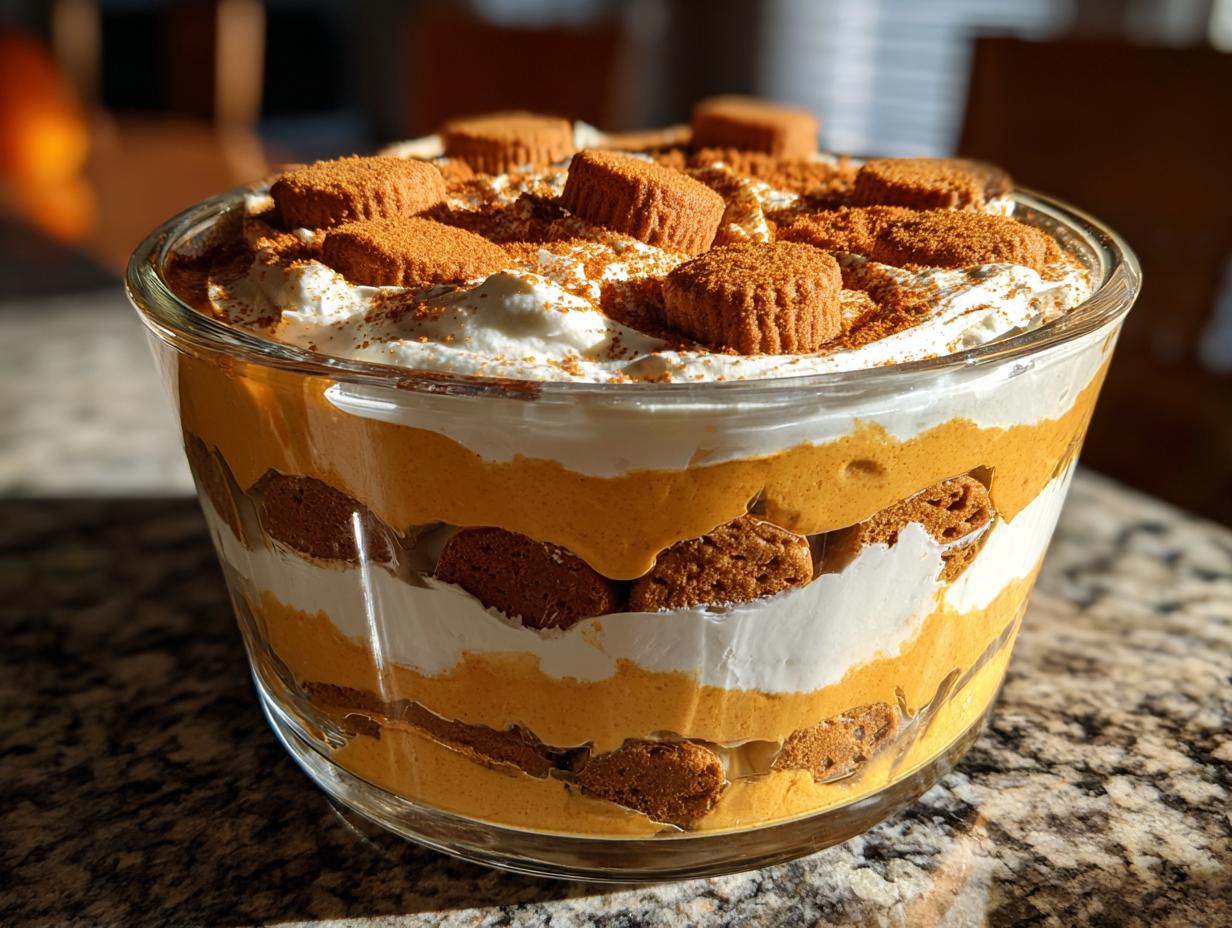 Close-up of a creamy pumpkin trifle dessert showing four distinct layers of orange pumpkin filling, white cream, and brown cake/cookie pieces, topped with whipped cream.