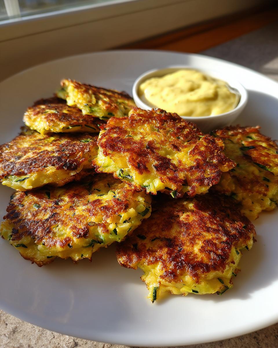 A plate of golden brown, crispy air fryer zucchini fritters served with a small bowl of yellow dipping sauce.