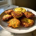 A plate of golden brown, crispy air fryer zucchini fritters served with a side of yellow dipping sauce.