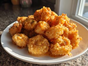 A plate piled high with crispy, golden-brown Bang Bang Shrimp drizzled with a creamy orange sauce and sprinkled with herbs.