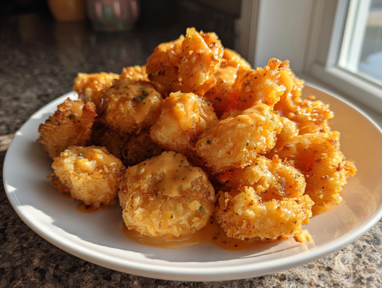 A plate piled high with crispy, golden-brown Bang Bang Shrimp drizzled with a creamy orange sauce and sprinkled with herbs.
