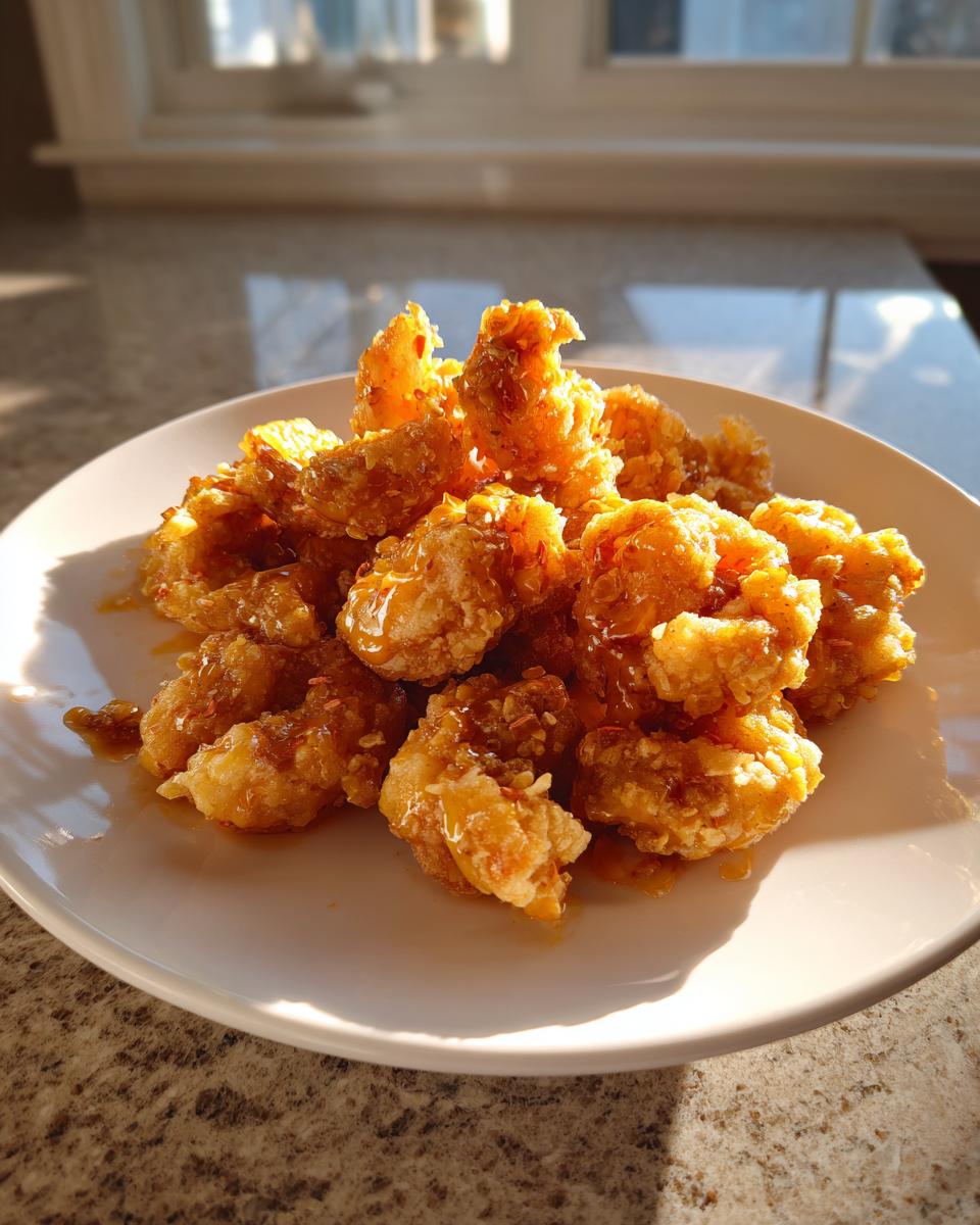 A pile of crispy, golden brown bang bang shrimp coated in a sweet and spicy glaze, served on a white plate.