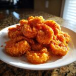 A pile of crispy, golden-brown bang bang shrimp coated in a sweet glaze served on a white plate.