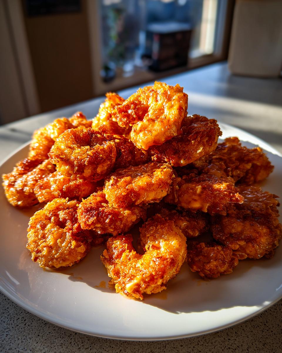 A mound of golden brown, crispy Bang Bang Shrimp piled high on a white plate, glistening with sauce.