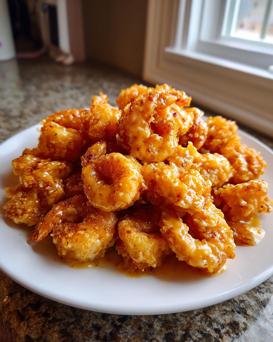 A close-up of a generous pile of crispy, saucy Bang Bang Shrimp served on a white plate.