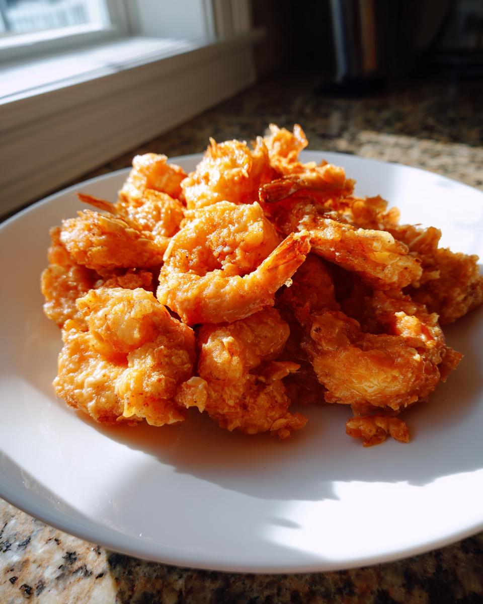 A pile of golden brown, crispy Bang Bang Shrimp served on a white plate near a sunny window.