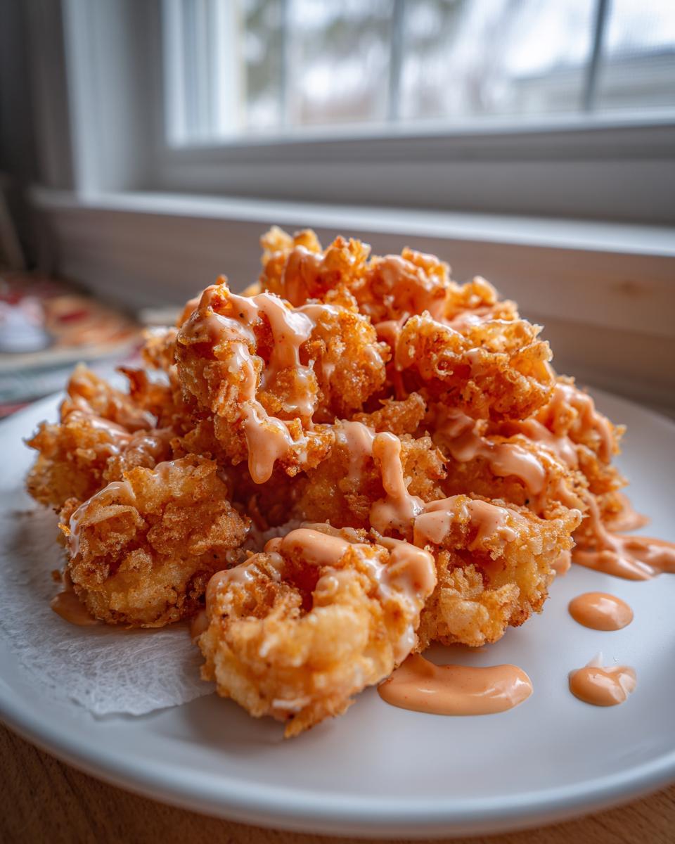 A mound of crispy, golden-fried bonefish bang bang shrimp drizzled generously with a creamy, orange-hued sauce.