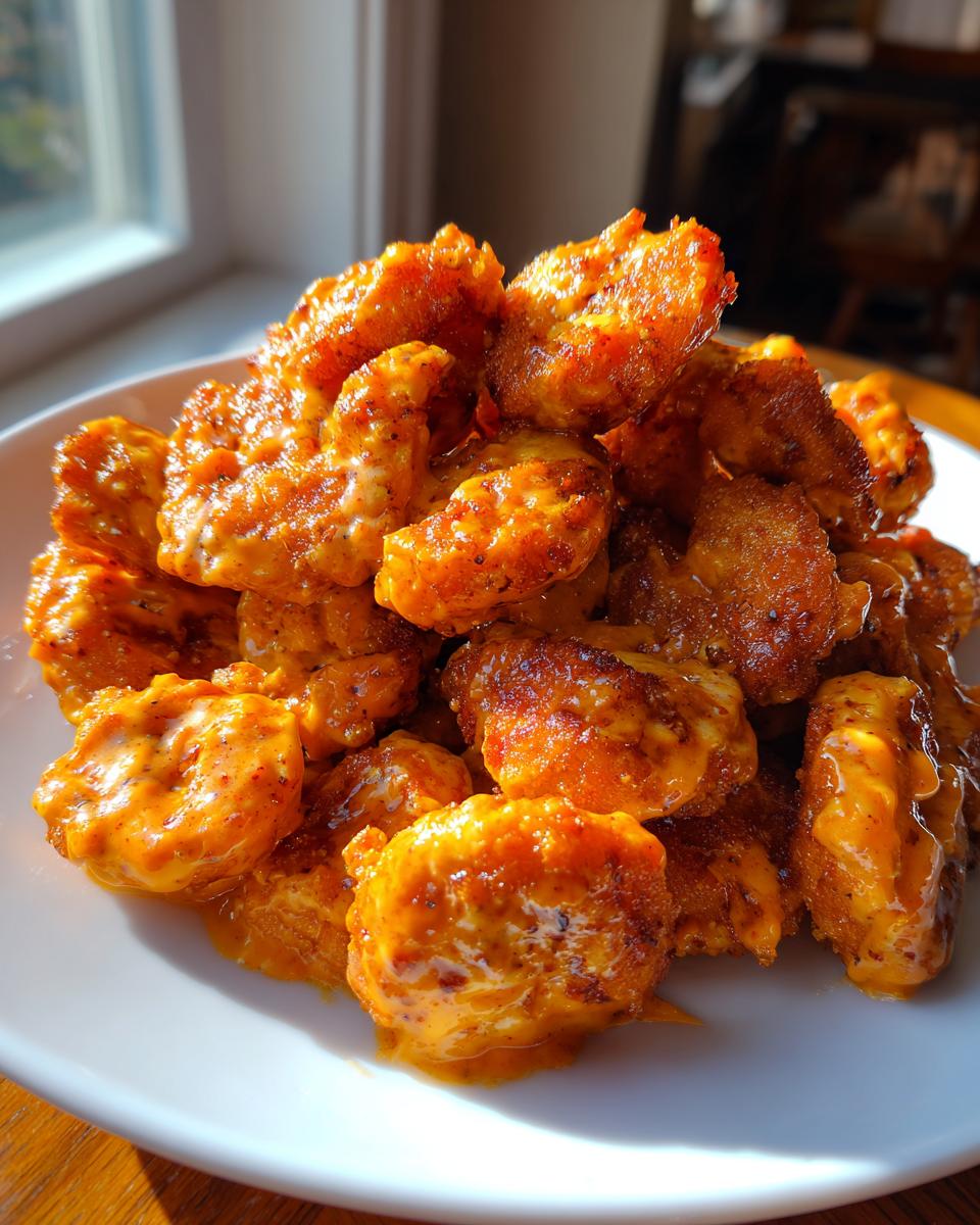 A pile of crispy fried shrimp generously coated in creamy, orange bang bang shrimp sauce on a white plate.