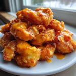 A pile of crispy, golden-fried shrimp generously coated in a creamy, orange bang bang shrimp sauce on a white plate.