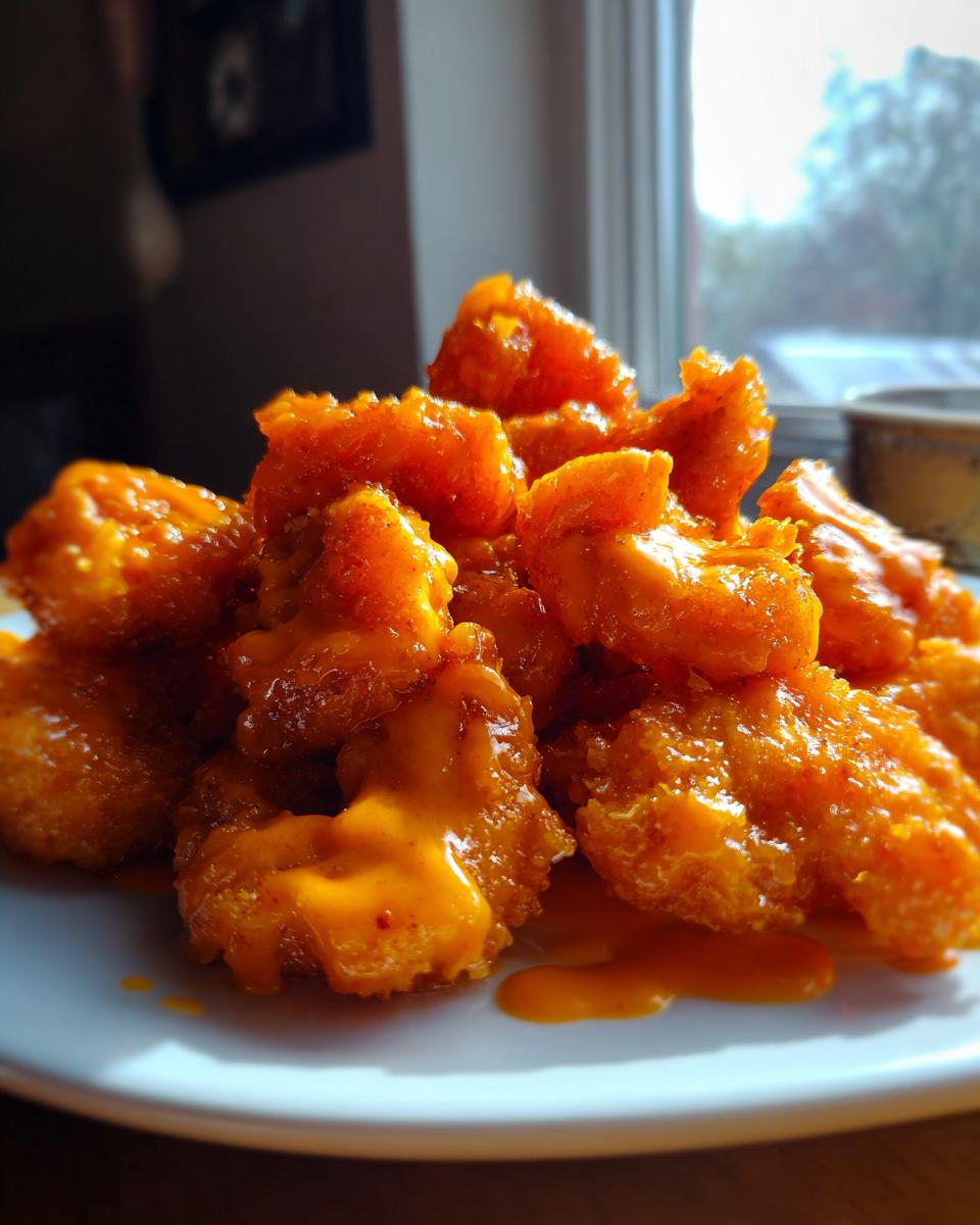 Close-up of crispy fried shrimp generously coated in bright orange bang bang shrimp sauce on a white plate.