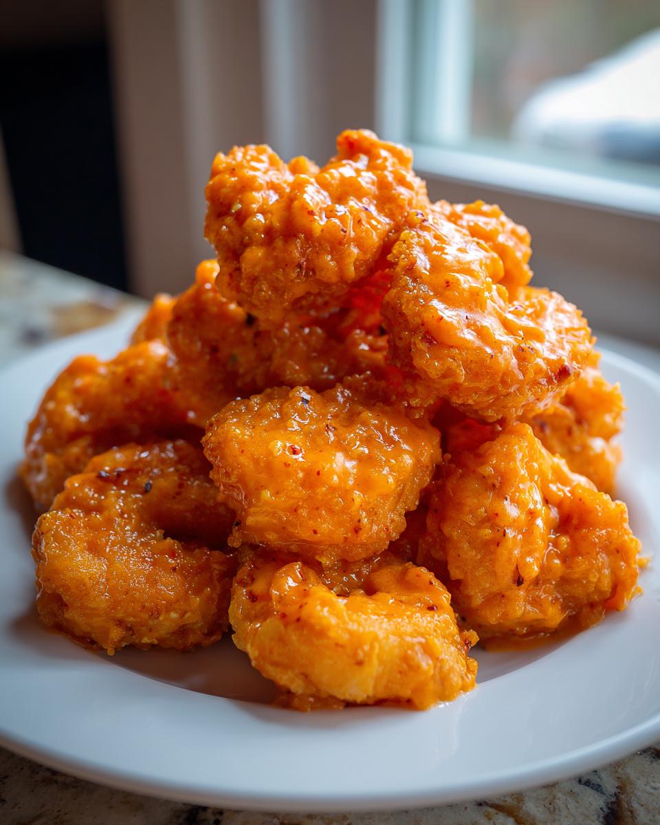 A pile of crispy, deep-fried shrimp generously coated in bright orange bang bang shrimp sauce on a white plate.