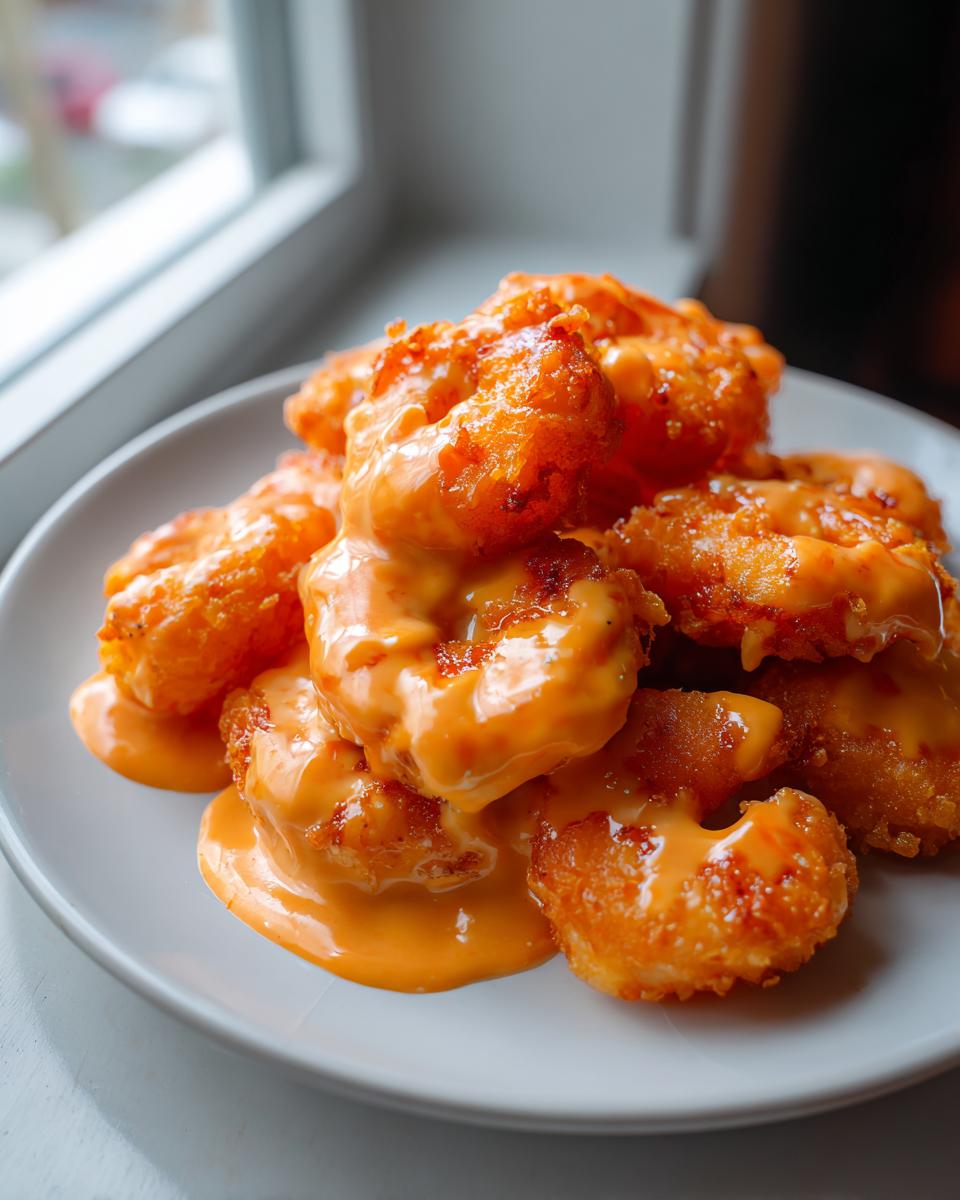 A plate of crispy fried shrimp generously coated in creamy orange bang bang shrimp sauce.