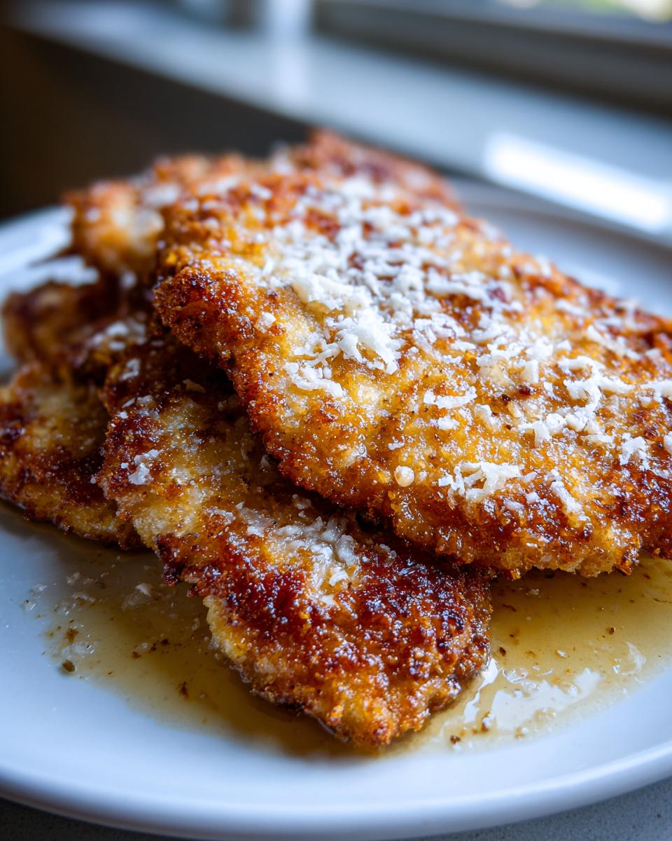 Close-up of golden brown, crispy steakhouse parmesan chicken cutlets topped with grated cheese, resting in pan juices.