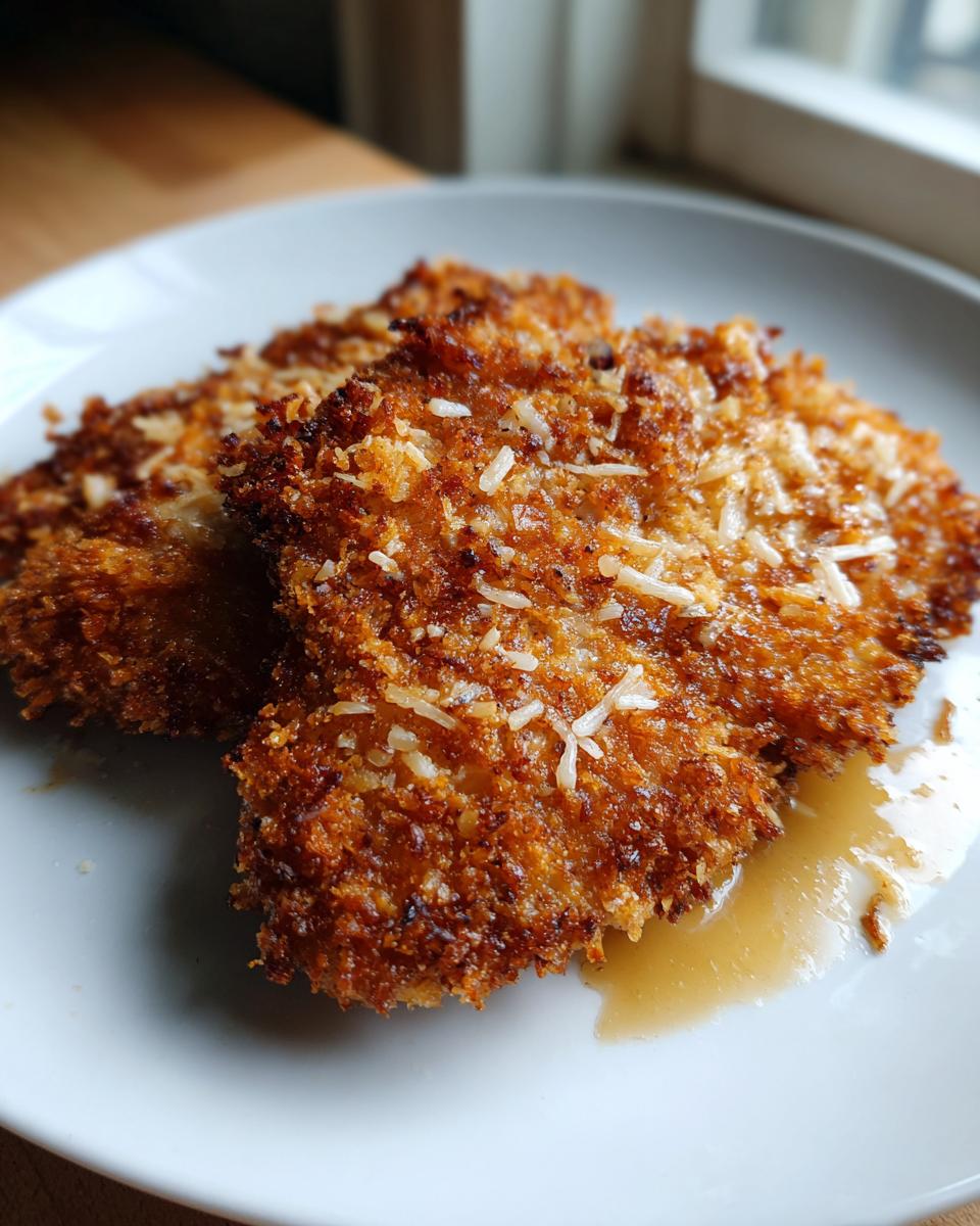 Two pieces of golden brown, crispy steakhouse parmesan chicken topped with shredded cheese resting on a white plate with pan sauce.